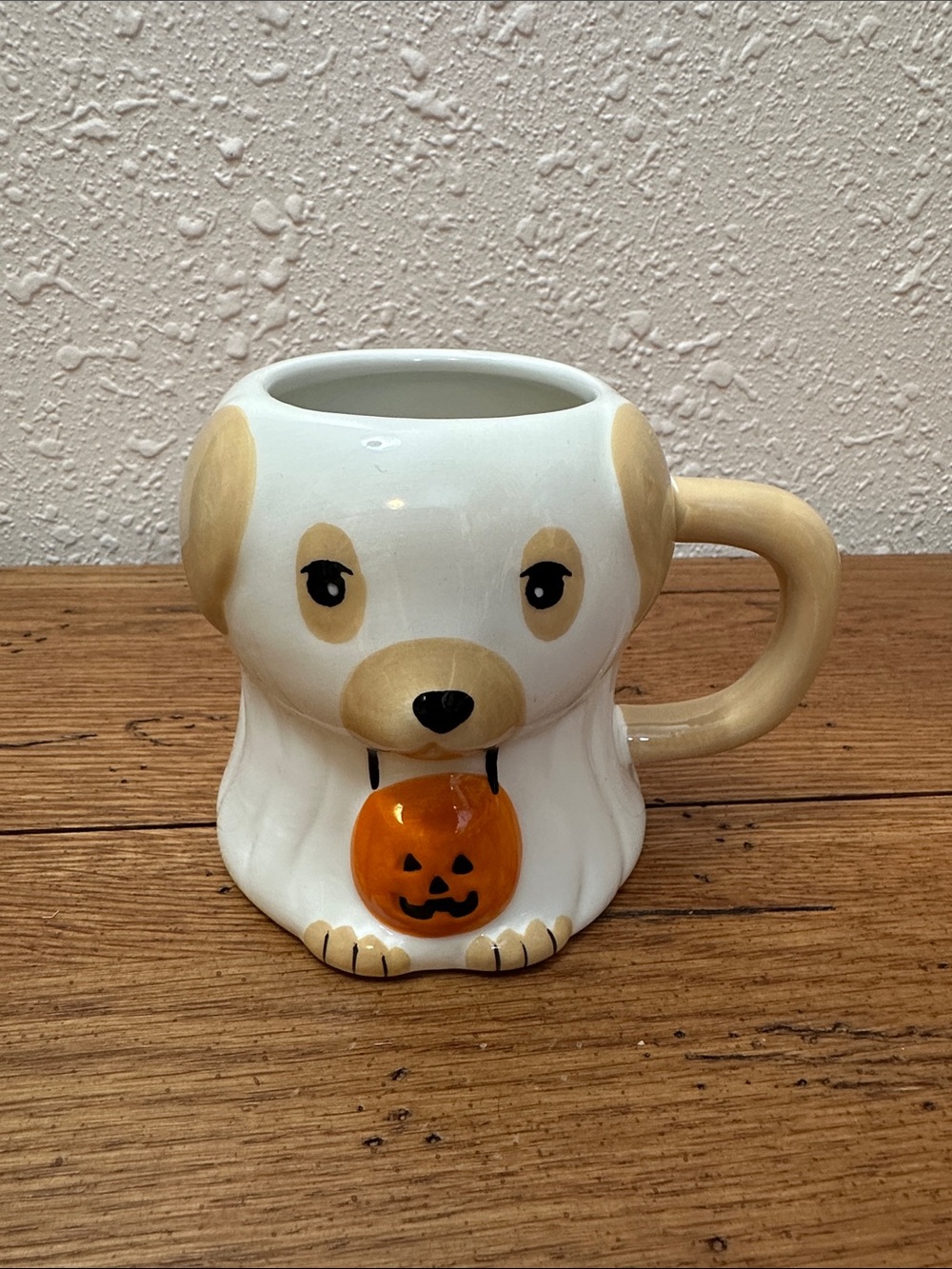 Ashland White and Tan Dog-Shaped Halloween Mug with Orange Pumpkin